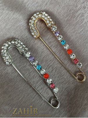 Кристална брошка игла с бели и цветни камъни на сребриста или златиста основа, рамер 7 на 2 см,за шал или дреха- B1313